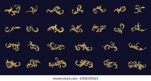 Set of golden ornamental fancy design border, elegance vintage Baroque swirl filigree arabesque engraving decorative elements. Vector set art deco floral ornaments elements