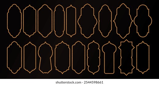 Set of golden ornamental Islamic frame shapes on black background. Decorative border collection with intricate outline designs. Template for design, banner, greeting card, invitation, poster, and wall