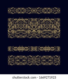 Set of golden ornamental vector border ribbons, openwork textures, oriental style, on dark background