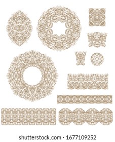 Set of golden ornamental vector border ribbons, laced frames, openwork textures, oriental style, on white background