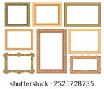 Set of golden ornamented frames. Place for portraits, landscapes and still lifes. Expensive framing for a mirror, painting or photograph. Place for text. Flat vector illustration.