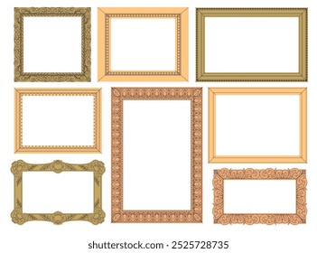 Set of golden ornamented frames. Place for portraits, landscapes and still lifes. Expensive framing for a mirror, painting or photograph. Place for text. Flat vector illustration.