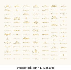 Set of golden ornate lines and dividers. Luxury fancy design. Vector isolated illustration.