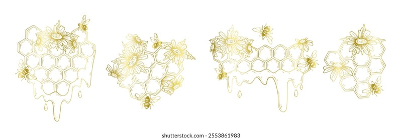 Set of golden outlines of honeycombs with honey bees and wild chamomile flowers. Vector graphics.