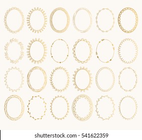 Set of golden oval hand drawn frames. Vector design elements. Fancy illustration. Isolated