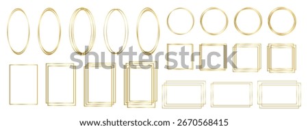 Set of golden oval, round, square and rectangular frames isolated on white background. Collection of shiny luxury borders. Design elements for banners, greeting or wedding cards. Vector illustration.