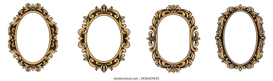 Set of Golden oval vintage frames with classic engraving ornament. Swirl, flourish, victorian, damask, arabesque, filigree floral. Luxury gold element border frame collection vector illustration