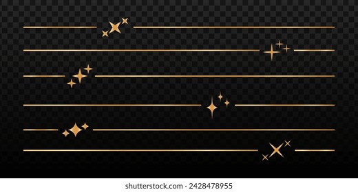 Conjunto de divisores de página dorados aislados sobre fondo oscuro. Separe las líneas con símbolos de estrella. Elementos decorativos cósmicos, celestiales, mágicos y místicos. Elegante adorno moderno. Ilustración vectorial.