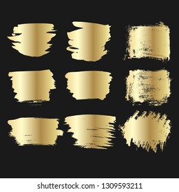 Set of golden paints, metallic gradient brush strokes, brushes, lines. Artistic design elements.