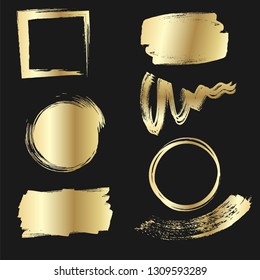 Set of golden paints, metallic gradient brush strokes, brushes, lines. Artistic design elements.