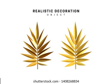 set of golden palm branches in 3d, metallic illustration design isolated on white background. branch gold leaves . Vector graphics