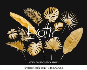 Set of golden palms leaves, big gold palm leaf. Tropical jungle exotic luxery botanical floral illustration. Vector tropical leaves.