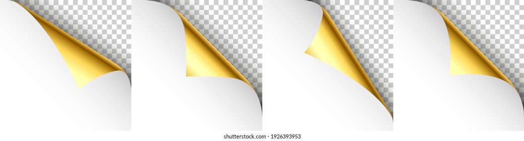 Set of golden paper curls. Curled page corner with shadow. Blank sheet of paper. Colorful shiny foil. Design element for advertising and promotion. Vector illustration.