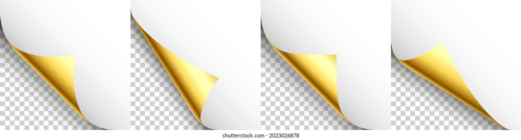 Set of golden paper curls. Curled page corner with shadow. Blank sheet of paper. Colorful shiny foil. Design element for advertising and promotion. Vector illustration.