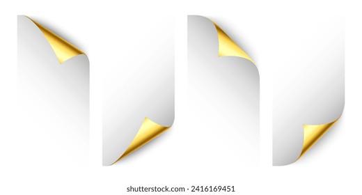 Set of golden paper curls. Curled page corner with shadow. Blank sheet of paper. Colorful shiny foil. Design element for advertising and promotion. Vector illustration.