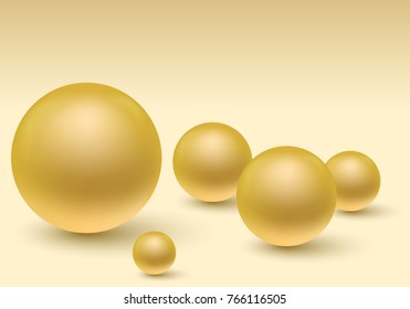 Set of golden pearls with reflection and shadow isolated on white pink background - vector