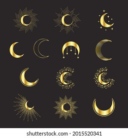 Set of golden phases of the moon, with rays and stars, magical astrology and boho. Magic concept, minimalism. Astrology drawing, boho design, pagan symbols for fortune telling.