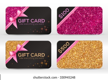 Set of golden and pink glitter vector black gift cards templates