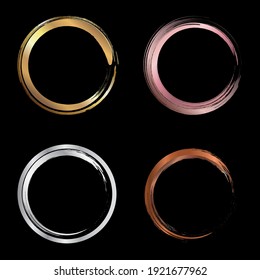 Set of golden, pink gold, silver, copper metallic circle brush strokes for frames design elements isolated on black background. Vector illustration