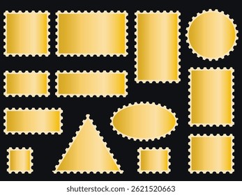 Set of golden plaques with jagged edges. Frames of different shapes in metallic gold color. Template with copy space. Vector element
