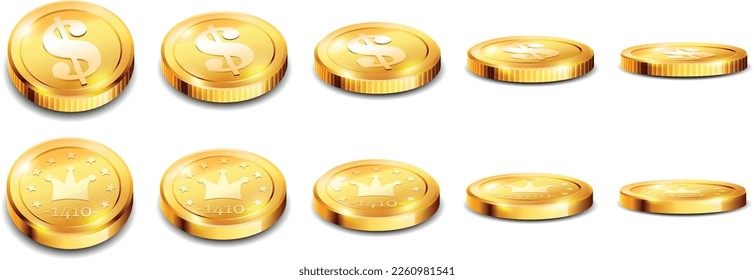 Set of golden playing chips on a white background.  3D vector. High detailed realistic illustration.