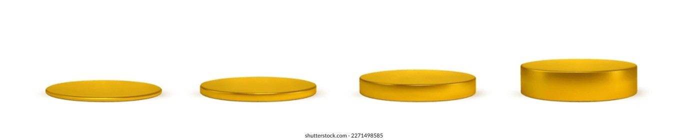 Set golden plinth podium base platform different heights. 3d round gold blank stand pedestal for product presentation.Vector cylinder shape. Podium mockup realistic illustration