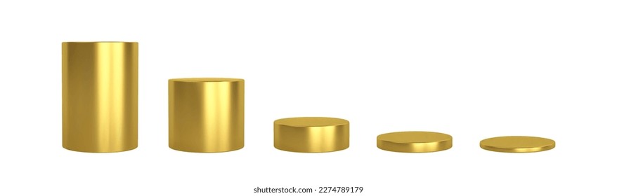 Set golden plinth podium base platform different heights. 3d round gold blank stand pedestal for product presentation.Vector cylinder shape. Podium mockup realistic illustration