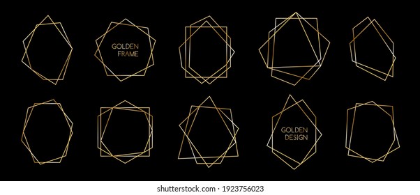 Set of golden polyhedron trendy frames. Abstract geometric thin line vector borders for invitations, premium decor. Art deco style