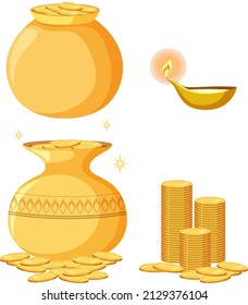 Set of golden pots and coins illustration