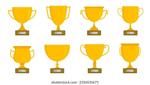 Set of golden prize cup in a flat design. Vector trophy cup, award, winner 