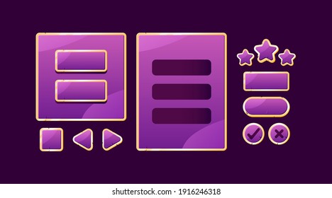 set of golden purple game ui board pop up and button for gui asset elements vector illustration