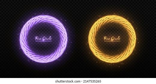 Set of golden and purple sparkle fire circles. Realistic burning circles. Round fiery frames on transparent background.