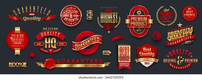 Set of golden quality and guaranteed signs, emblems and labels. Vector illustration.