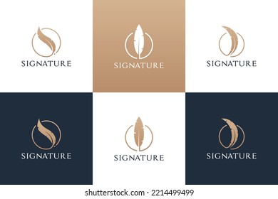 Set Of Golden Quill Signature Logo Design. Feather Pen Logo Collection.