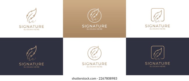 Set of golden quill signature logo design. Minimalist feather ink logo template.