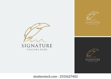 Set of golden quill signature logo design. Minimalist feather ink logo template.