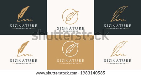 Set of golden quill signature logo design. Minimalist feather ink logo template.