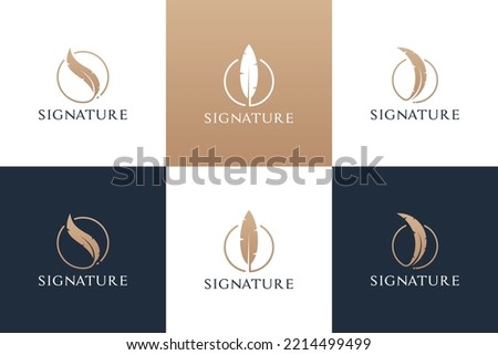Set of golden quill signature logo design. Feather pen logo collection.