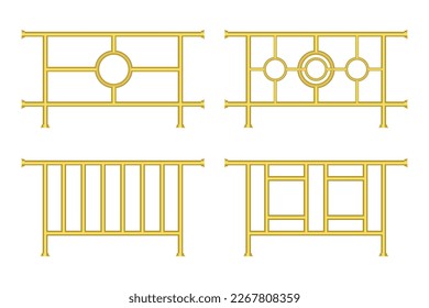 Set of golden railings, wrought iron fence, Vector illustration.