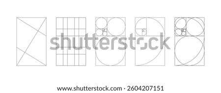 Set of golden ratio patterns. Method golden section mockup. Fibonacci array, numbers minimalist forms. Harmony proportions black frames. Outline thin graphic illustration.