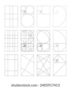 Set of Golden ratio template. Method golden section. Fibonacci array, numbers. Harmony proportions collection. Outline vector graphic illustration. Geometric figures. Eps.