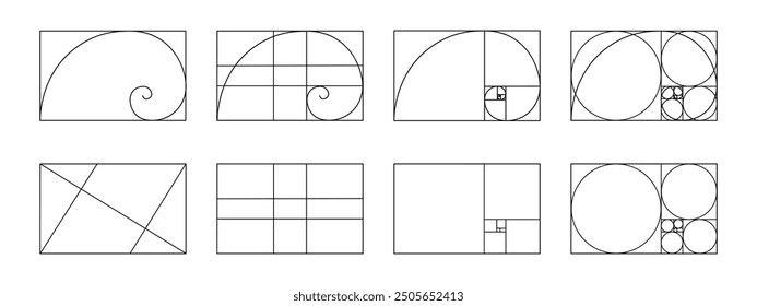 Set of golden ratio templates. Fibonacci sequence grids. Logarithmic spiral in rectangle frame divided on lines, squares and circles. Ideal symmetry proportions layouts. Vector graphic illustration.