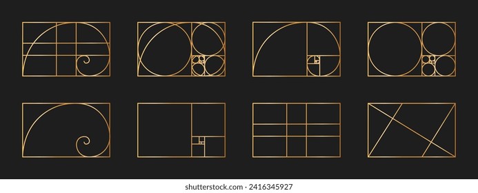 Conjunto de plantillas de proporciones doradas. Espiral logarítmica en marco rectangular dividida en líneas, cuadrados y círculos. Rejillas de secuencia fibonacci. Diseño de proporciones de simetría de naturaleza ideal. Ilustración del vector