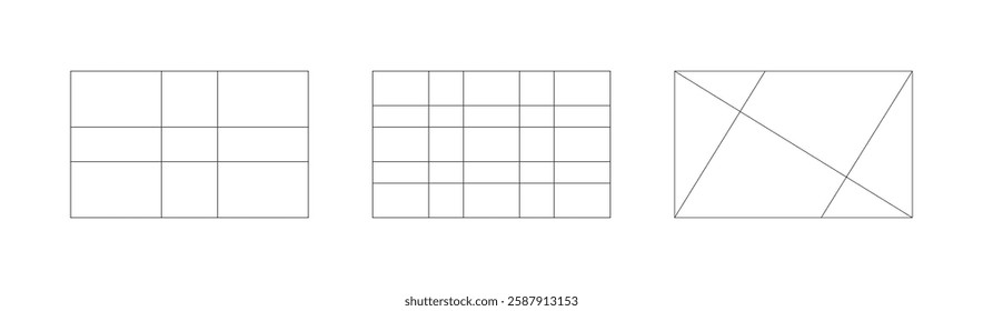 Set of golden ratio templates. Method golden section design elements. Fibonacci array, numbers, shapes. Harmony proportions frames pattern. Outline graphic flat illustration.