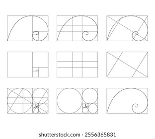 A set of golden ratio templates. Signs of Fibonacci sequence. Logarithmic spiral in a rectangular frame, divided into lines, squares and circles. Ideal symmetry proportions diagram. Set of Vector Gra