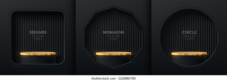 Set of golden realistic 3d cylinder pedestal podium in square, nonagon, round circle window on black background. Abstract studio room. Minimal scene, Products stage showcase, Promotion mockup display.