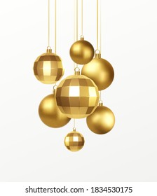 Set of golden realistic christmas decorations isolated on white background. Christmas Vector illustration EPS10