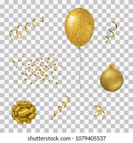 Set of golden realistic decorations including bow, balloon, ball, streamers and glitter confetti isolated on transparent background.