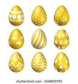 Set of golden realistic Easter eggs on white background vector design illustration