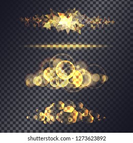 Set of golden realistic highlights, stars and bokeh. Light effects for design and decoration.